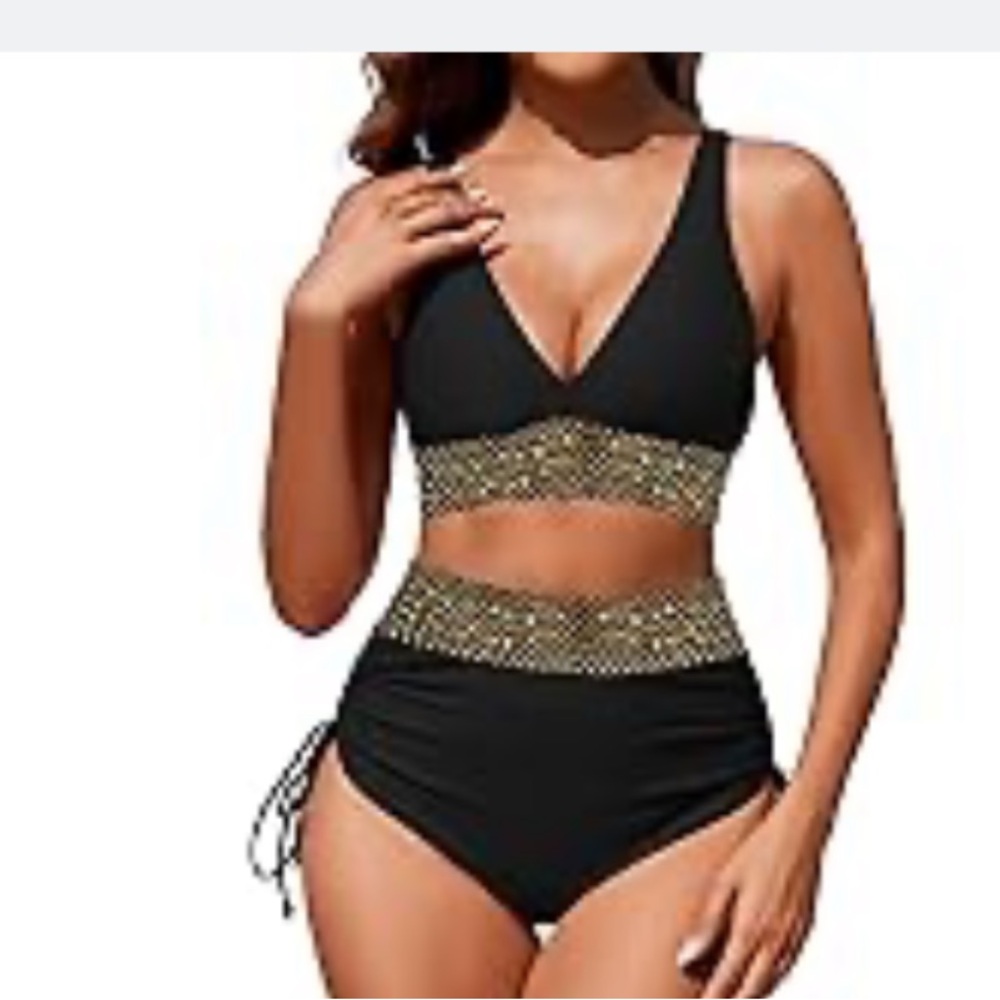 Black two piece swim suit with Gold Accents